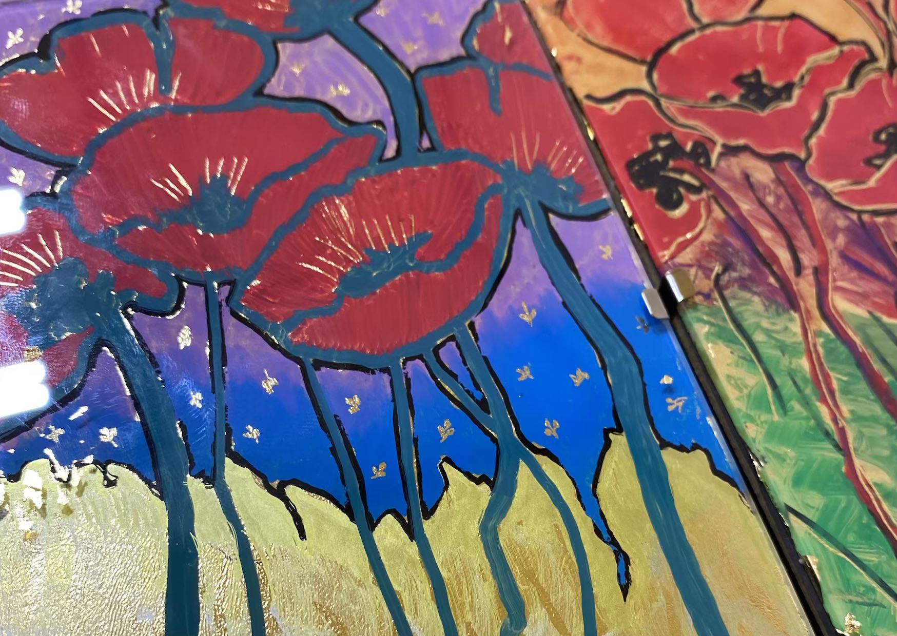 Connect project image. Painted glass panels featuring red poppies.