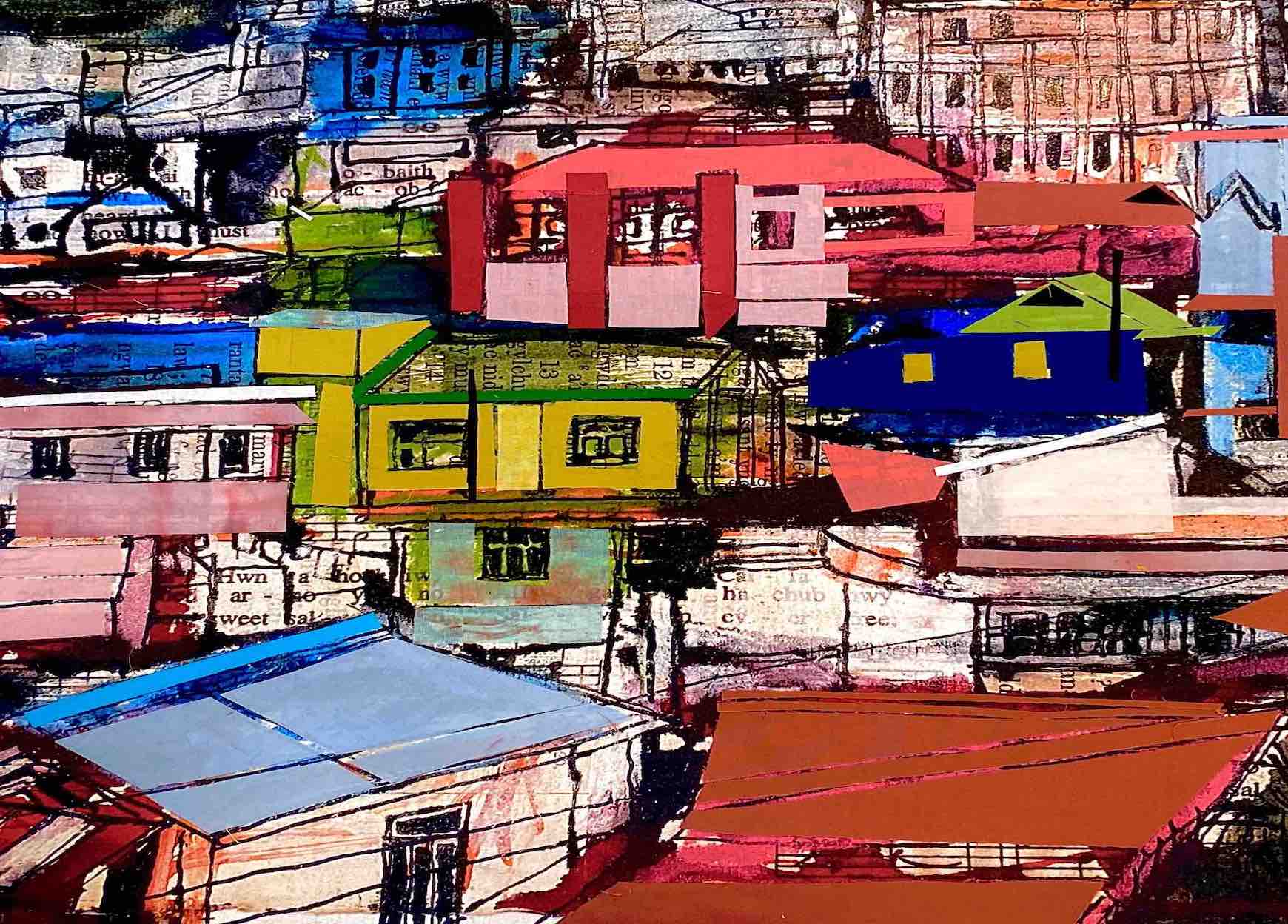 A detailed image of Cefyn Burgess' textile painting 'Jaiaw'. Rows of colourful Jaiaw houses are seen from low ground, it feels as if you're looking upwards towards them.