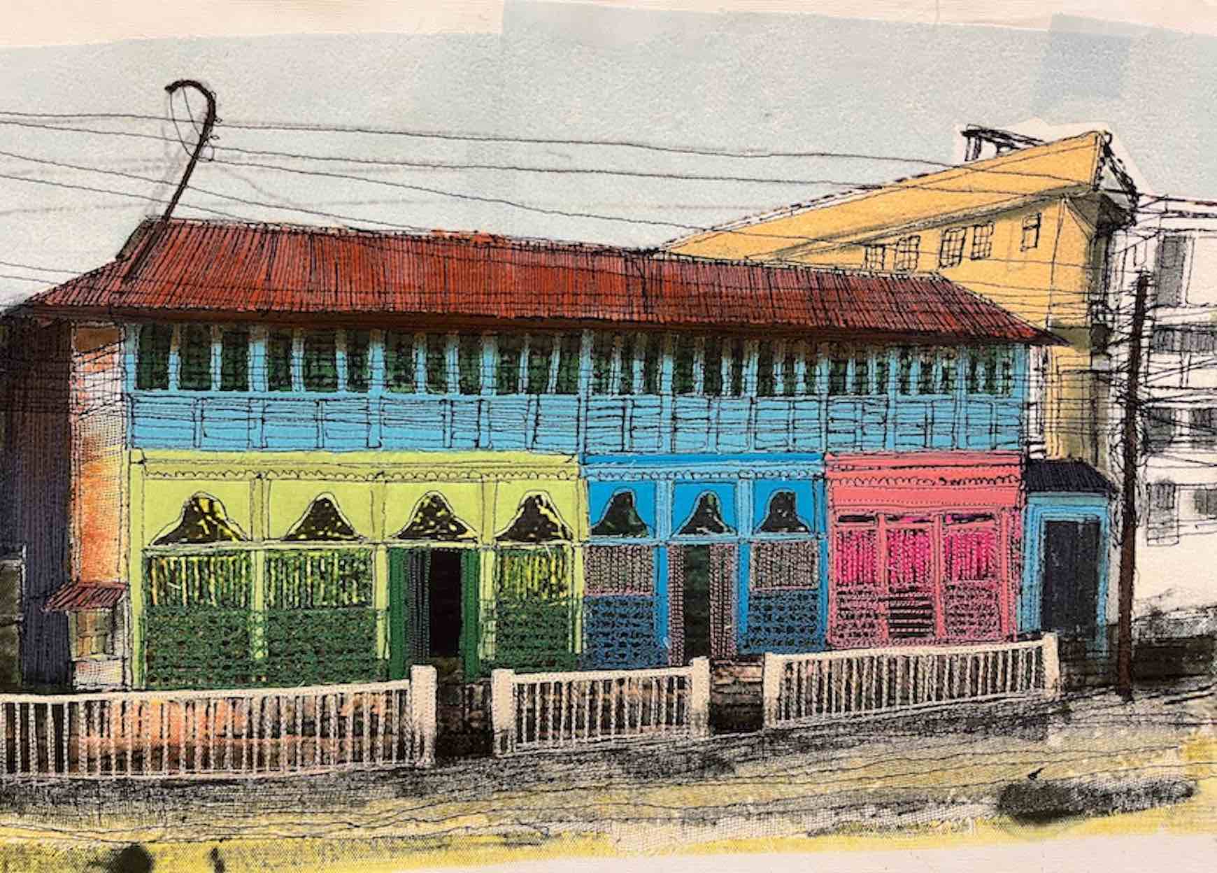 A textile painting by artist Cefyn Burgess showing a warehouse building in the Shillong Province, North East India.